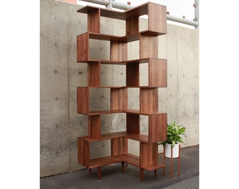 Corner Omni OFFSTACK Bookcase Balanced, 36"W x 36"D, Geometric Corner Bookcase, Corner LP Shelf, Offset Corner Shelf (Shown in Walnut)