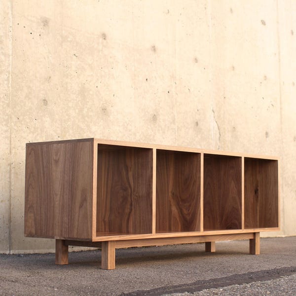 Warner Foyer Bench, 54"W, Handcrafted Solid Wood, LP Record Storage (Shown in Walnut)