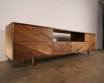 Brooklyn Media Console, 5 Drawer,  84"W, Chevron Pattern, Modern TV Credenza, Media Credenza (Shown in Walnut)