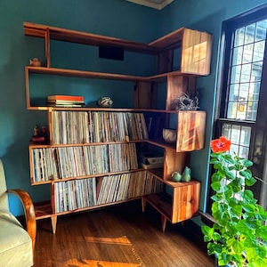 Corner Omni OFFSTACK Bookcase, Mid-Century Vinyl LP Shelf, Modern Record Storage, Geometric Shelf Shown in Madrone image 6