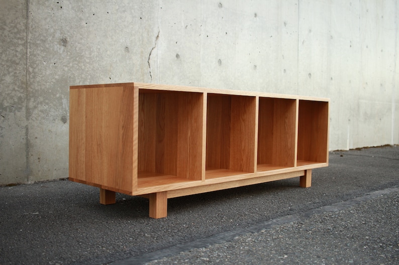 Solid white oak vinyl LP storage bench. Warner Bench.  Handcrafted furniture by Tomfoolery Wood Co.