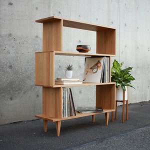 4-Tier OFFSTACK Bookcase, 49&quot;H, Modern Vinyl LP Storage, Geometric Vinyl Shelf, Record Shelf (Shown in White Oak)