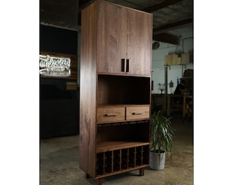 Frisby Wine Bar, Modern Wine Cabinet, Tall Hardwood Liquor Cabinet, Solid Wood Bar Cabinet (Shown in Walnut)