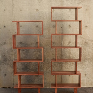 OFFSTACK Bookcase, 6-Tier, Offset Bookcase, Solid Hardwood Staggering Shelf, Geometric Bookshelf Shown in Walnut image 2