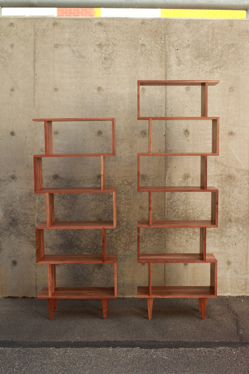 OFFSTACK Bookcase, 6-Tier, Offset Bookcase, Solid Hardwood Staggering Shelf, Geometric Bookshelf Shown in Walnut image 2