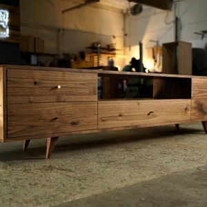 Brooklyn Media Console, 5 Drawer, 84"W, Mid-Century Modern TV Stand Media Credenza (Shown in Walnut)