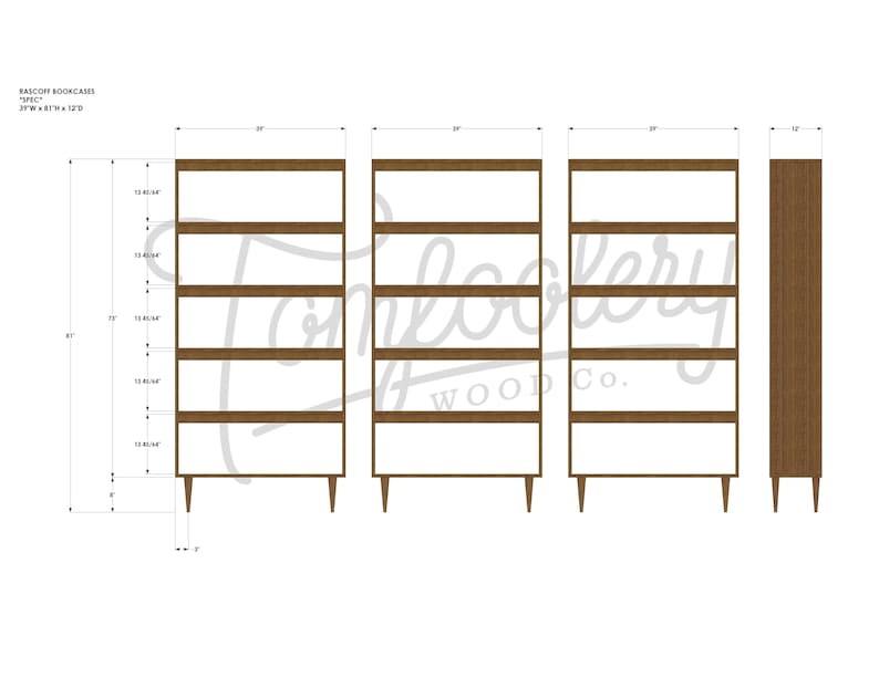 Rascoff Bookcase, Mid-Century Bookshelf, Hardwood Modern Bookcase, Mid Century Bookcase Wall Unit Shown in Walnut image 9