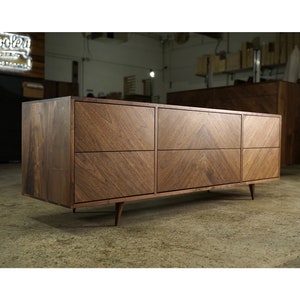 Brooklyn Console, 6 Drawer, 84W, Chevron Pattern, Mid Century TV Stand, Mid-Century TV Credenza, Media Credenza Shown in Walnut image 1