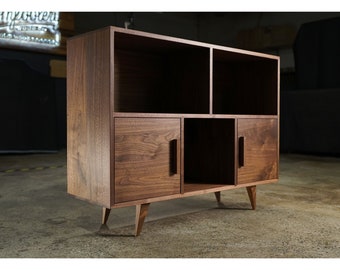 Couzens Vinyl LP Console, 2 Door, 45"W, Bookcase, Vinyl Storage, Modern, Record Player Console (Shown in Walnut)