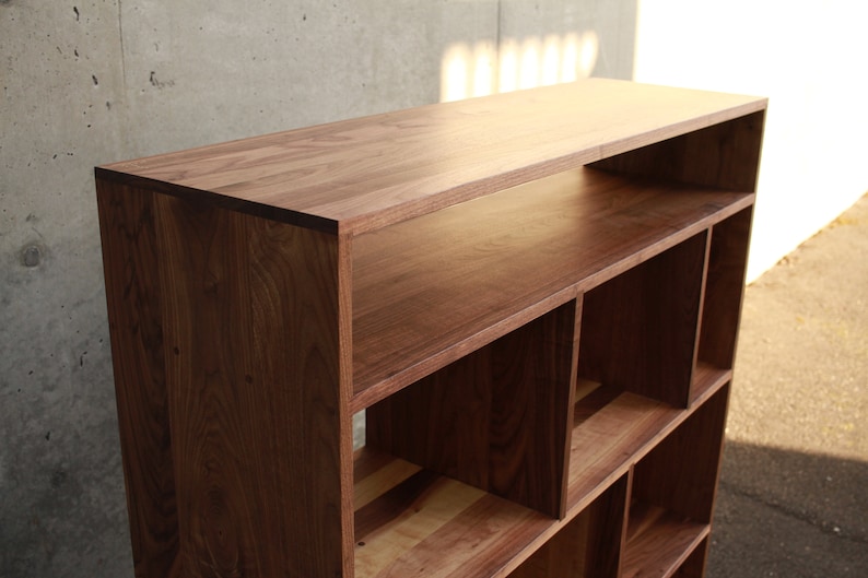 Lopez Vinyl Console, Mid Century Record Storage, Customizable Vinyl Storage, Solid Wood LP Shelf Shown in Walnut image 3