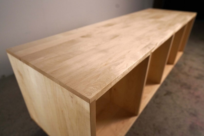 Solid maple storage bench. Warner Bench.  Handcrafted furniture by Tomfoolery Wood Co.