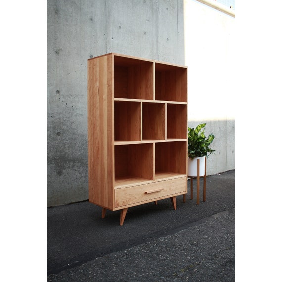 Flick Vinyl Bookcase, Handcrafted Solid Wood Bookshelf w/ Drawer (shown in white oak)