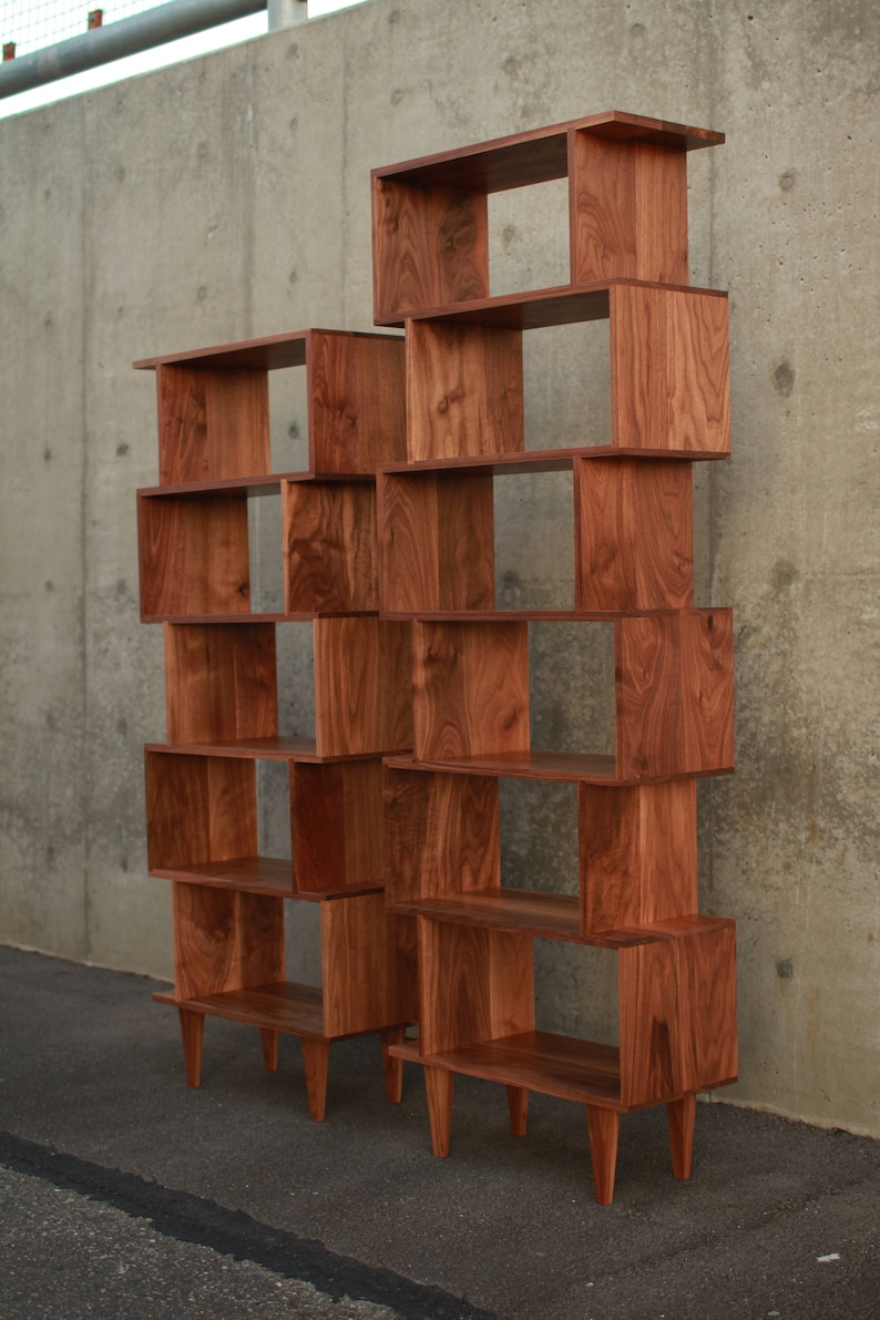 OFFSTACK Bookcase, 6-Tier, Offset Bookcase, Solid Hardwood Staggering Shelf, Geometric Bookshelf Shown in Walnut image 3