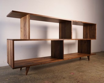 3-tier OFFSTACK Sofa Table, 72" W, Sofa Bookcase, Modern Shelf Console, Offset Shelf (Shown in Walnut)