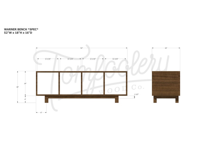 CAD design specifications for Warner vinyl LP storage bench.  Tomfoolery Wood Co.