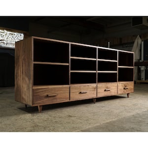 Dowdy 4 Drawer Console, Modern Wood Sideboard, Solid Wood, Real Wood Console, Cabinet (Shown in Walnut)