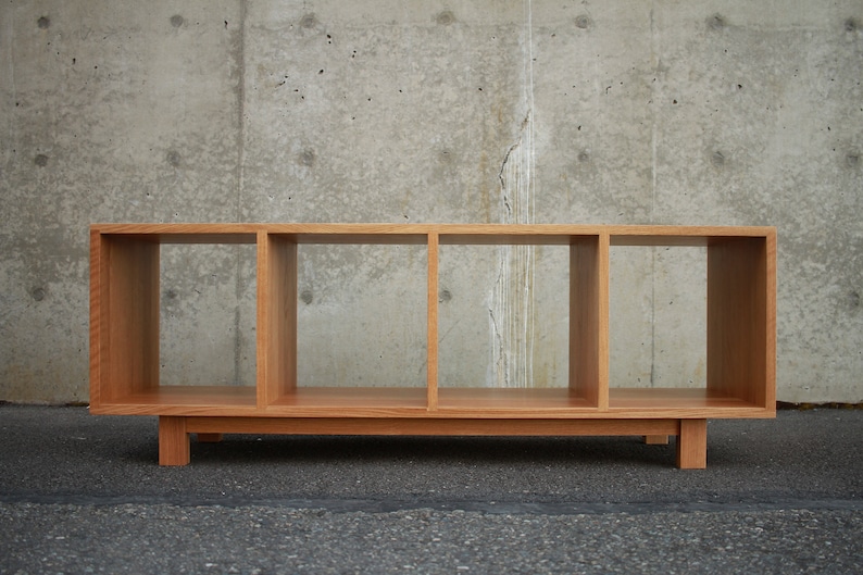 Solid white oak vinyl LP storage bench. Warner Bench.  Handcrafted furniture by Tomfoolery Wood Co.