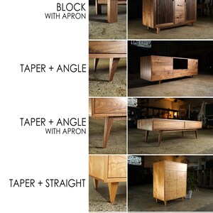 May include: A display of wooden furniture leg and base styles. Styles include block, taper, and plinth designs. The image shows various furniture pieces, including cabinets and shelves, showcasing different leg and base configurations.