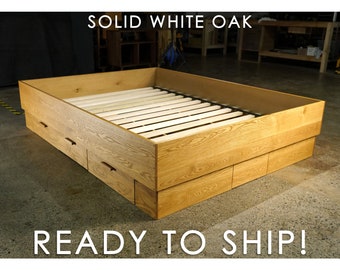 READY TO SHIP - Modern Storage Bedframe, Solid White Oak Queen Bedframe, 4 Drawers (Offered in White Oak)