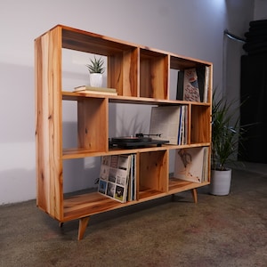 Okopal Vinyl Console, Solid Hardwood Record Storage, Modern LP Storage, Mid Century Vinyl Shelf (Shown in Madrone)