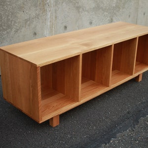 Solid white oak vinyl LP storage bench. Warner Bench.  Handcrafted furniture by Tomfoolery Wood Co.