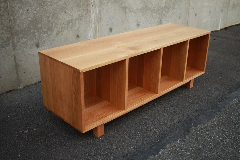 Solid white oak vinyl LP storage bench. Warner Bench.  Handcrafted furniture by Tomfoolery Wood Co.