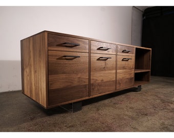 Collins Media Console, 6 Drawer, Hifi Storage, Audio Component Storage, Modern Wood Sideboard, Solid Wood Console (Shown in Walnut)