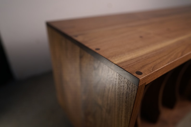 Solid walnut vinyl LP storage bench. Waters Bench. Tomfoolery Wood Co.