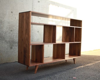 Moline Vinyl Console, Mid Century Record Storage, Modern LP Vinyl Storage, Solid Wood Vinyl Shelf (Shown in Walnut)