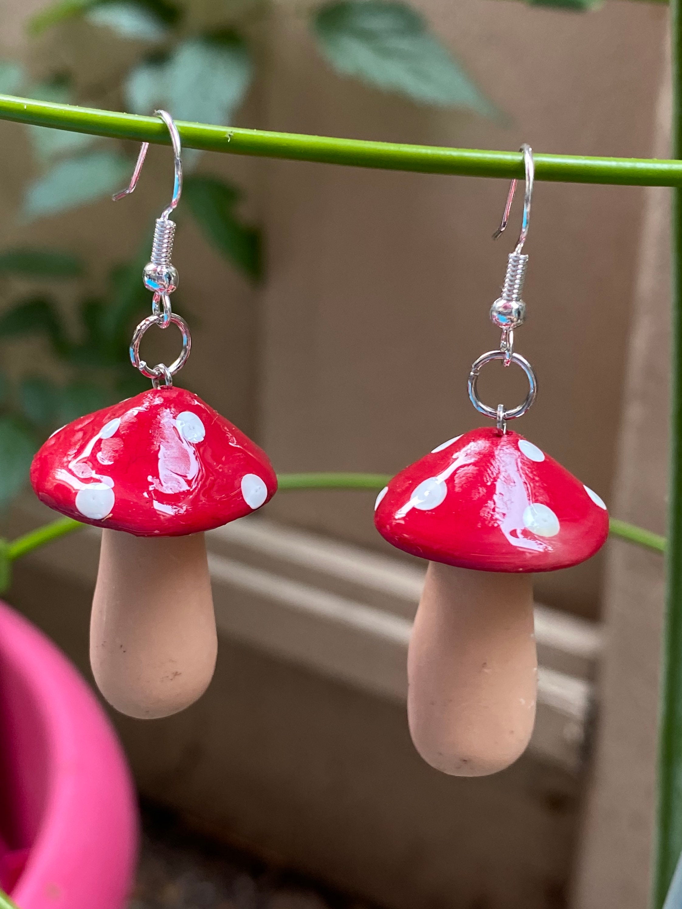 Spotty Mushroom Ear Studs Cute Mushroom Earrings Adorable Woodland Jewellery Red Toadstool Wooden Studs