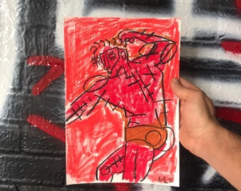 Bold Flex: Small Abstract Muscle Man Print in Red and Brown / Contemporary Print / Shirtless Man / Drawing / Rare artwork / Line Artwork