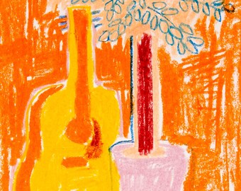 Guitar and House Plant / Small Abstract / Colourful Art / Abstract / Contemporary / Music Art / Oil Pastel Drawing / Vivid Illustration