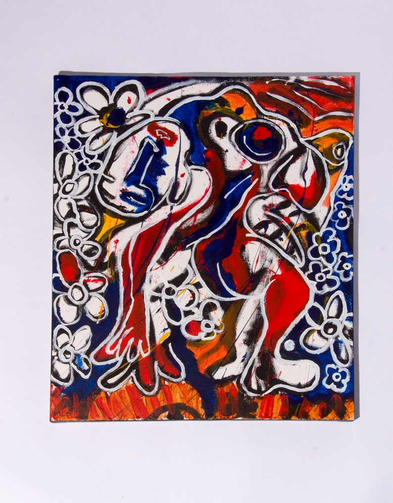 Large Abstract painting Warm pop colours Colourful Pop Art painting Colourful Abstract painting Blue and Orange Red White