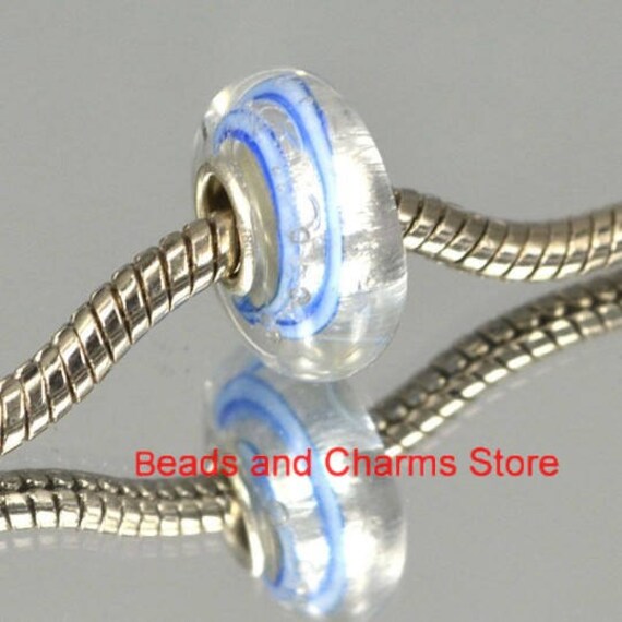 Murano Glass Bead Charm Blue and Silver Beads  Glass Large Hole Silver Core Compatible all European Bracelet Beads Lampwork