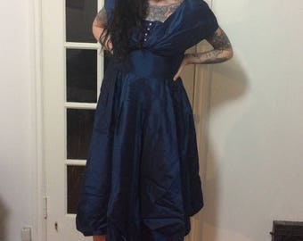 1950's Navy-Blue Taffeta Dress with Rhinestones