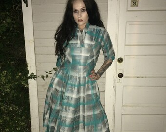 1940's Taffeta Green Plaid Dress