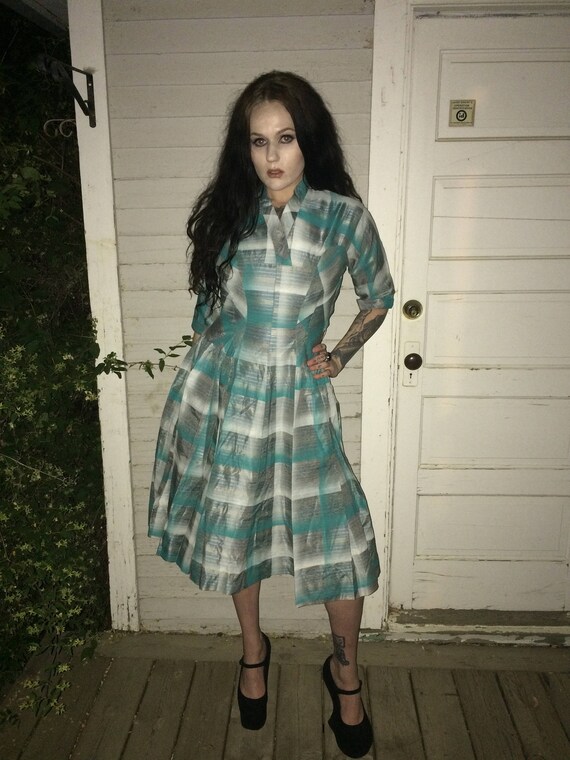 1940's Taffeta Green Plaid Dress - image 1