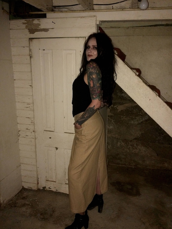 90's Beige Tan Denim Skirt Mid-Length with Slit - image 1