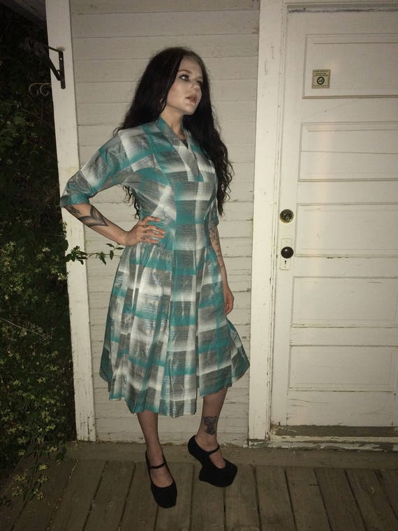 1940's Taffeta Green Plaid Dress - image 6