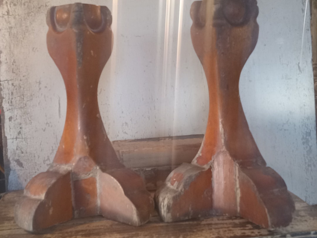 2 Large Grungy Vintage Brown Salvaged Wood Claw Feet, Salvaged Wood