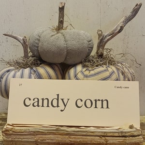 Puede incluir: Tres calabazas de tela con un patrón a rayas y una calabaza de hormigón gris con un tallo de madera. Las calabazas están sentadas sobre una pila de libros viejos con un letrero que dice "candy corn" y "Candy cane".