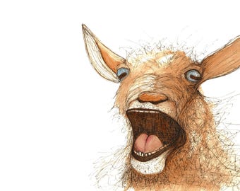 May include: A brown and white goat with a wide open mouth, showing its teeth and tongue. The goat has a fluffy, textured coat and large ears. The background is white.