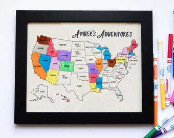 Color in States Map, Travel Map Adventure Tracker, Our Travel USA, United States, Family Vacation, Color on Map, Dry Erase Map, Custom Gift