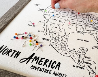 North America Travel Map: Custom Push Pin Map, Map of USA, Mexico and Canada, Custom Map Cotton Canvas (DIY Kit)