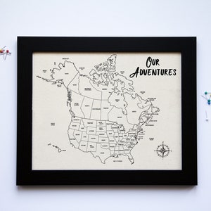 Carte personnalisée avec épingles des États-Unis et du Canada, carte de voyage personnalisée, cadeau couple qui voyage, cadeau d'anniversaire pour lui, cadeau de mariage unique personnalisé