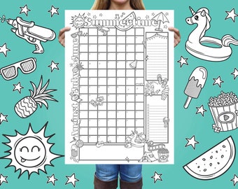 2024 Summertime Poster Calendar Printable, Kid's Summer Break Schedule, Coloring Page Print at Home, Countdown Chart, Family Bucket List