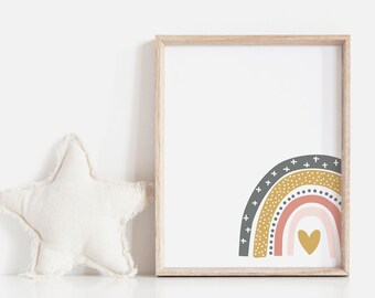 DOWNLOAD - Rainbow Heart Nursery Print, Mustard Gray Nursery Decor, Pink Cute Nursery Art, Kids Room Printable Art, Over the crib, Printable