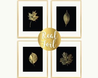 Fall Leaf Foil Print on Black Paper, Fall Leaf Impression Art, Gold Foil Print, set of prints, Simple Print