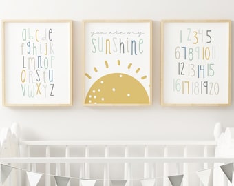 Ready to Ship - ABC and Numbers Nursery Print, Set of 3 Mint Nursery Decor, Nursery Wall Sunshine Quote, Cute Nursery Art, Kids Room Sun