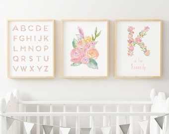 Floral Monogram Nursery Set of 3 Prints, Baby Shower Gift, Girl Wall Art, Personalized Name Print, Over the Crib Decor, Pink Peonies, Roses